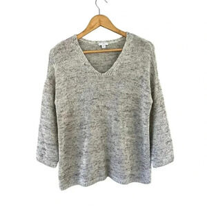 J. Jill Women's Linen Blend Knitted Sweater Size Medium Ribbed Details Cream